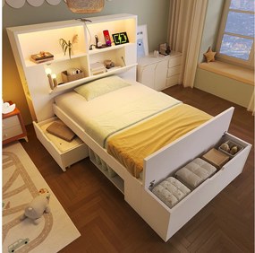 Łóżko dziecięce drewniane z pojemnikiem - 90 x 200 cm - z zagłówkiem ze schowkiem + diody LED + USB + szuflady + ławka - drewno - białe