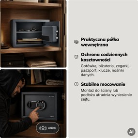 Mały sejf domowy, elektroniczny zamek na kod, na pieniądze i dokumenty, 350x250x250 mm: DORIAN
