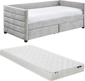 Łóżko typu tapczan 90 x 190 cm z szufladami – Tkanina teksturowana – Szary + Materac – ORENALO