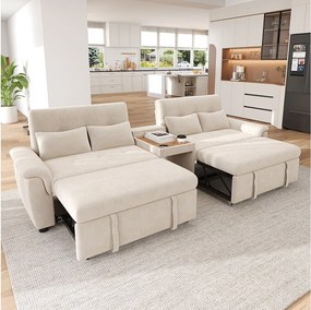 Sofa rozkładana z podwójnym łóżkiem, regulowanym oparciem i konsolą centralną - Chenille - 284 x 138 x 89 cm - Beżowa