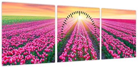 Obraz pole tulipanów ze słońcem (z zegarem) (90x30 cm)