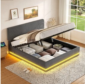 Łóżko tapicerowane hydrauliczne ze schowkiem - 180 x 200 cm - z diodami LED + USB + regulowany zagłówek - welur - szary