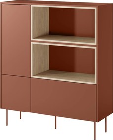 Komoda wysoka Desin 120 cm dwudrzwiowa z szufladą i wnękami - czerwony / ceramic red / dąb nagano