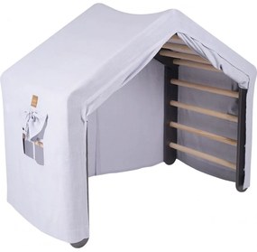 Duży domek z drabinką dla dzieci 112x61x94 cm składaną do pokoju. drewno, len, wiskoza, szaroniebieski domek, szara drabinka. - meowbaby®