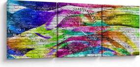 Obraz - Mur z cegły z kolorowymi płomieniami (z zegarem) (90x30 cm)