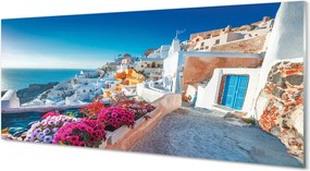 Szkło do Kuchni na Ścianę Biała Architektura i Kwiaty Grecji