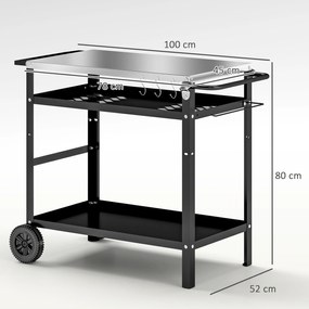 Outsunny Wózek Grillowy 3-Poziomowy z Blatem Roboczym Uchwyty Pokrywa Koła, BBQ Stół Grillowy ze Stali Nierdzewnej 100x52x80cm Czarny