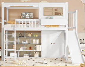 Łóżko mezzanine z drewna i MDF - 90x200 cm - z półkami, szafą i zjeżdżalnią - Białe
