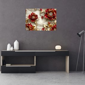 Obraz na szkle - 3D czerwono-złote kwiaty (70x50 cm)