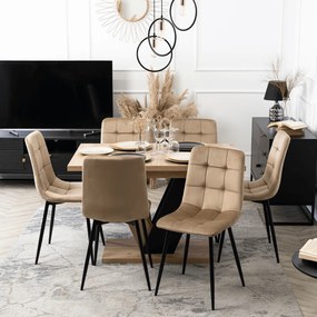 Zestaw Stół Prostokątny Rozkładany CLARK 120-160 cm Dąb Artisan/Czarny i 6 Krzeseł Tapicerowanych PERU Beżowych Welur