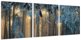 Obraz zaśnieżonego lasu (z zegarem) (90x30 cm)