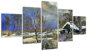 Obraz chaty w zimowym krajobrazie, obraz olejny (125x70 cm)