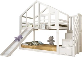 Łóżka piętrowe dla dzieci z domkiem do zabawy - 2 x 90 x 200 cm - ze schodami do przechowywania + zjeżdżalnią + dachem - Drewno + MDF - Białe