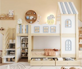 Łóżko piętrowe dziecięce 90 x 200 cm - z barierkami ochronnymi - ze schodami z miejscem do przechowywania - z 2 szufladami - białe (materac nie jest dołączony)