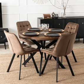 Zestaw Stół Okrągły Rozkładany LUKAS 100-250 cm Dąb Rustykalny/Czarny i 4 Krzesła Tapicerowane RICK Brązowe Welurowe Nowoczesne