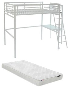 Łóżko z antresolą CASUAL II – 140 × 190 cm – blat biurka – kolor biały, w zestawie z materacem