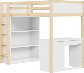 Łóżko piętrowe 90 x 200 cm ze schowkiem i biurkiem komputerowym - lite drewno i płyta MDF - naturalne i białe (bez materaca)