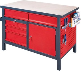 Stół warsztatowy GD, 5 szuflad, świerk + sklejka świerkowa obustronnie fornirowana, 5 szuflad, 1 szafka, 1190 x 600 x 850 mm, grafitowy / czerwony