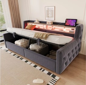 Sofa tapicerowana z funkcją spania i schowkiem hydraulicznym - 90 x 200 cm - z oświetleniem LED + schowkiem + gniazdkiem - welur - szara