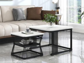 Zestaw 2 stolików kawowych z półką - stolik pomocniczy z okleiną marmurową - nogi metalowe - biały i czarny