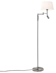 Lampa podłogowa stalowa z białym kloszem i regulowaną lampką do czytania - Ladas Retro Oswietlenie wewnetrzne