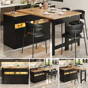 Rozkładany stół barowy - 120/180 x 75,8 cm - z diodami LED + 3 drzwi - obrotowy 360° - MDF - czarny