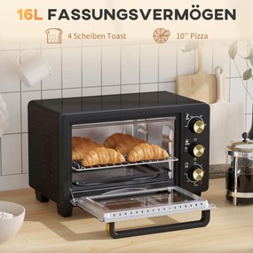 HOMCOM Minipiekarnik, Piecyk Toasterowy, Timer, Ruszt, Blacha do Pieczenia, Szkło Wglądowe, Metal, Czarny