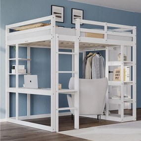 Łóżko piętrowe dla dzieci - 140 x 200 cm - z drabinką + stolik + półki + wieszaki - drewno + płyta MDF - białe