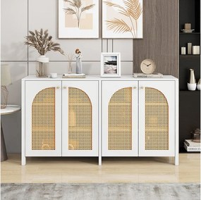 Biały kredens z 4 drzwiami z rattanu i regulowanymi półkami, metalowe uchwyty, odpowiedni do salonu i jadalni