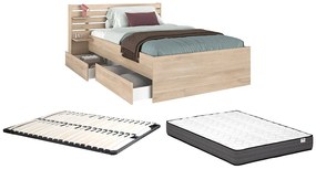 Łóżko 120 x 190 cm ze skrzynią - Kolor: Naturalny + Stelaż + Materac - TENALIA