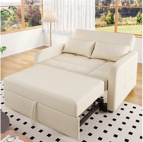 Sofa 2-osobowa rozkładana, rozkładana sofa w tkaninie lnianej - 127 x 75 x 94 cm - z funkcją spania - beżowa