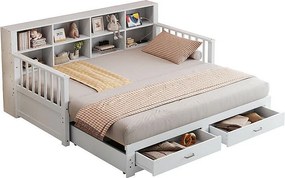 Łóżko kanapowe z drewna litego 90/180x190 cm - z nośnością - z miejscem do przechowywania - z 2 szufladami - stelaż na listwy - biały (materac nie wchodzi w skład)