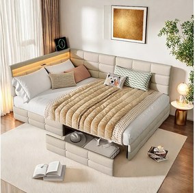 Ramka łóżka w kształcie L z 2 szufladami, oświetleniem LED i funkcją ładowania - Beżowy - 140 x 200 cm