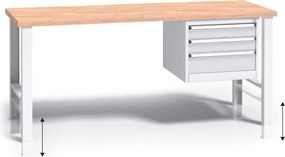 Stół warsztatowy z regulacją wysokości G3, 1700 x 685 x 840-1050 mm, 1x 3 szufladowy kontener, szary