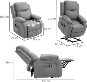 HOMCOM Elektryczny fotel do wstawania, pilot przewodowy, obicie ze skóry ekologicznej, tapicerowany fotel z funkcją ułatwiającą wstawanie, Szary