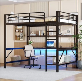 Łóżko piętrowe z barierką i drabinką - 140 x 200 cm - z USB i zasilaczem - oświetlenie LED i biurko - materac nie jest wliczony w cenę - metalowe - czarne
