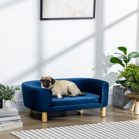 PawHut Sofa dla psa legowisko z weluru holenderskiego z oparciem, drewniane nóżki, poduszka Niebieski | Aosom PL