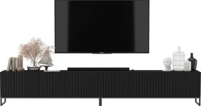 Szafka RTV z 8 drzwiczkami - Korpus czarny mat, ryflowane fronty czarny mat - 300 cm, Czarna metalowa rama