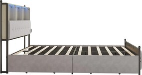 Łóżko tapicerowane dla dorosłych z oświetleniem LED i USB, 4 szuflady, stelaż z listew, aksamit, 160x200 cm, beżowe
