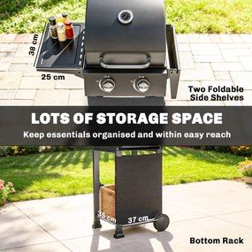 Outsunny Grill gazowy 5,4 kW, 2 palniki, stalowy wózek grillowy z termometrem, chromowany ruszt i półka do podgrzewania | Aosom PL