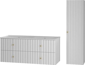 Biały Zestaw Łazienkowy 120cm Szafka z Umywalką Słupek Ryflowane Fronty Aqua