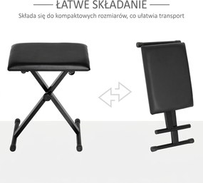 HOMCOM Stołek fortepianowy z regulacją wysokości Składany taboret do pianina Metal Sztuczna skóra Czarny 39 x 29 x 45–51 cm | Aosom PL
