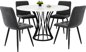 Zestaw okrągły stół jadalny + 4 krzesła welurowe - D 80 x W 76 cm - Nogi z płyty MDF i czarnego metalu - Efekt marmuru - Biały + szary