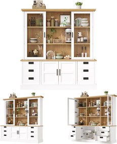 Wysoka komoda kuchenna - 140 x 40 x 185 cm - z 6 szufladami + drzwiami szklanymi + półkami - MDF - biała