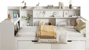 Kanapa rozkładana z litego drewna 90x200 cm - z biurkiem - biblioteka + półka - z gniazdkiem - z 2 dużymi szufladami - biała (bez materaca)