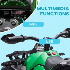 HOMCOM Quad elektryczny dla dzieci, z światłami i portem muzycznym, 3-8 km/h, dla 3-5 latków, Zielony