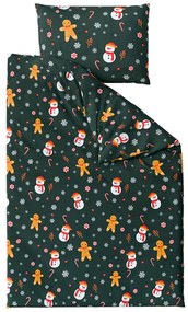 PrzytulneMieszkanie.pl PrzytulneMieszkanie.pl Flanelowa pościel z mikrofibry SNOWMAN AND GINGERBREAD zielona Rozmiar pościeli: 2 szt 70 x 90 cm | 200 x 220 cm