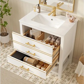 Szafka łazienkowa pod umywalkę - 66 x 46,5 x 86 cm - z ceramiczną umywalką + 2 szufladami + otwartą półką - MDF - biały + złoty