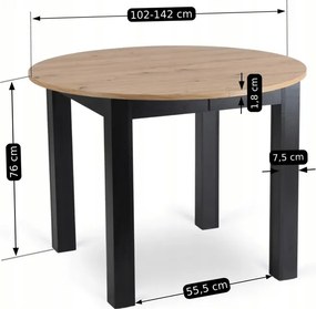 Zestaw Stół Okrągły Rozkładany HARRY 102-142 cm Dąb Artisan/Czarny i 4 Krzesła Tapicerowane BARI Szare