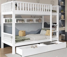 Drewniane łóżko piętrowe - 90x200 cm - z 2 szufladami i półkami - Białe